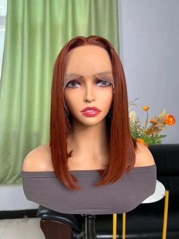 10" Brand Day New Trends Dark Copper Red 13x5 T Part Lace Straight Bob Wig