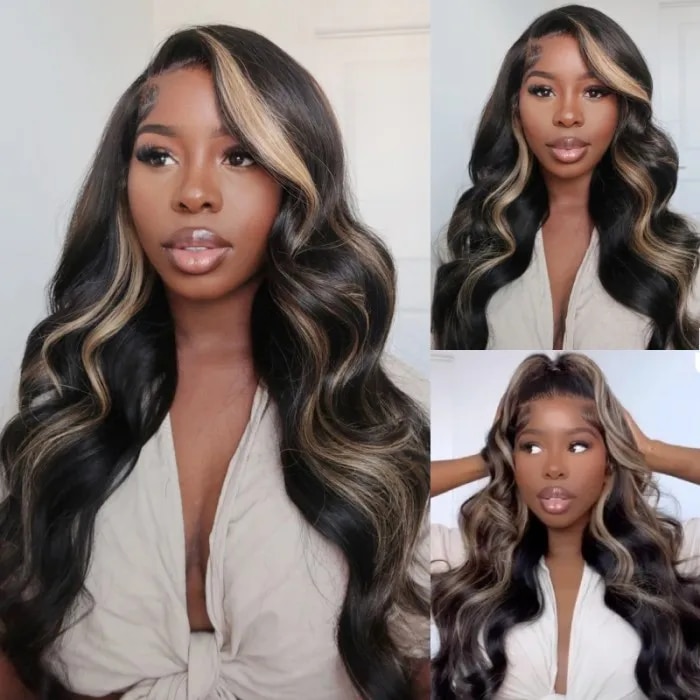 13x4 Lace Front Chocolate Brown With Peek A Boo Blonde Highlights Body Wave Wig