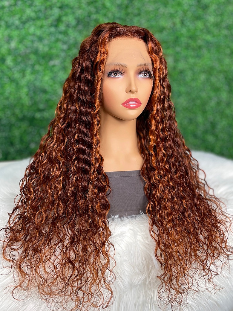 13x4 Lace Front Ginger Brown Highlight Water Wave wig