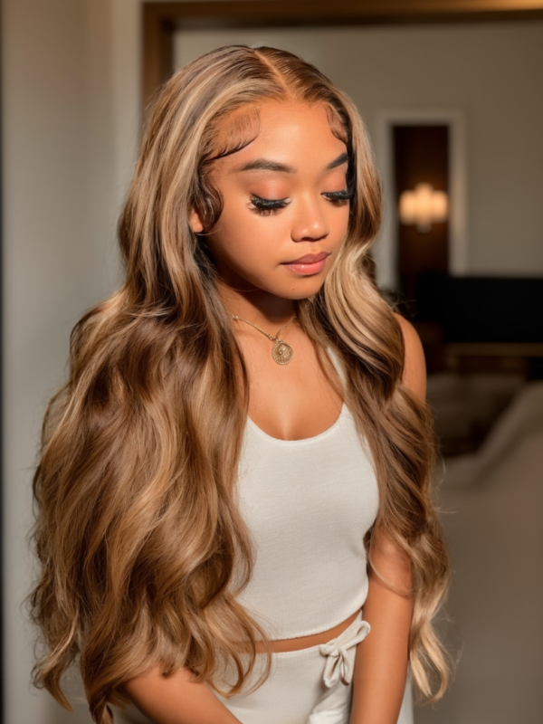 13x4 Lace Front Honey Blonde Highlight Body Wave Wig