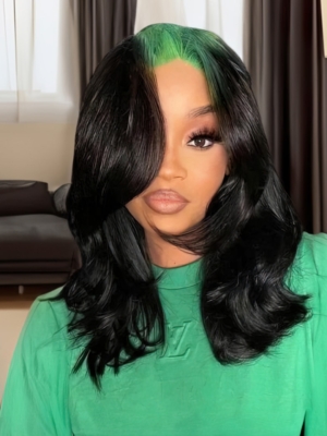 13x4 Lace Front Neon Green Roots Black Hair Loose Wave Wig