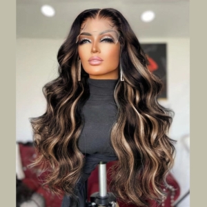 13x4 Transparent Lace Front Peek A Boo Blonde Highlights Body Wave Black Wig