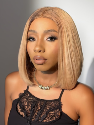 13x5 Lace Wig Sun Kissed Brown With Dark Roots Blunt Cut Bob Wig