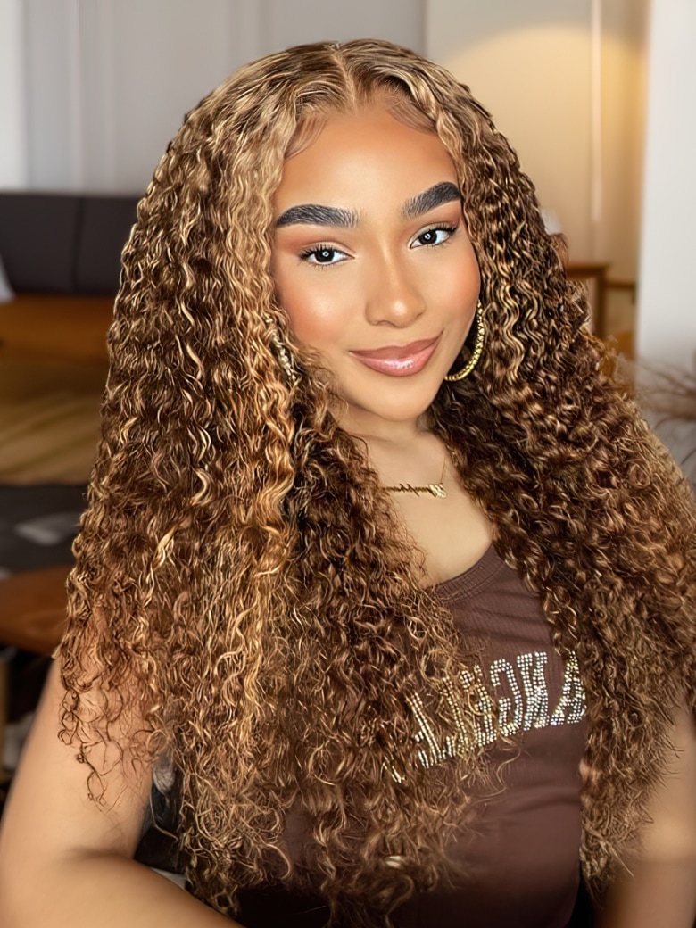 14 inch UNice Points Auction Honey Blonde Money Piece Highlight Lace Front Curly Human Hair Wig
