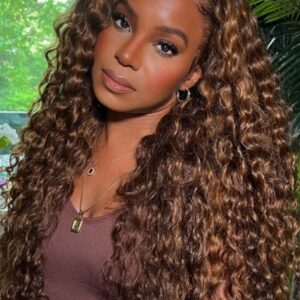 14 inches UNice 13x4 Lace Front Brown Water Wave Wig With Amber Highlights Human Hair Wigs