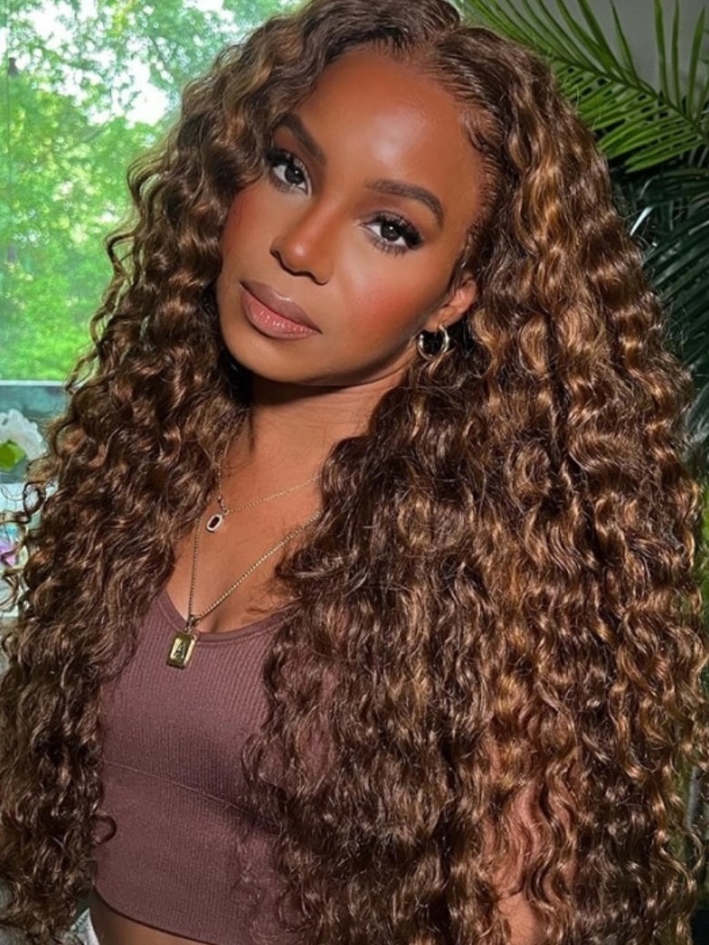 14 inches UNice 13x4 Lace Front Brown Water Wave Wig With Amber Highlights Human Hair Wigs