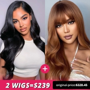 18 Inch Lace Front Body Wave Wig and 12 Inch Dark Brown with Bangs Straight Wig