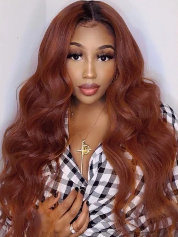 18" Ombre Reddish Brown Body Wave Glueless V Part Wig With Black Roots