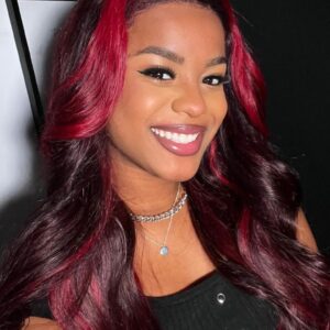 [20'=$124]UNice Dark Burgundy With Rose Red Highlights 13x4 Transparent Lace Front Loose Wave Wig 150% Density