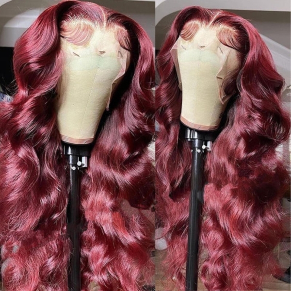 22 inches Red Wine Body Wave Burgundy T part Lace Part Wig 150% density