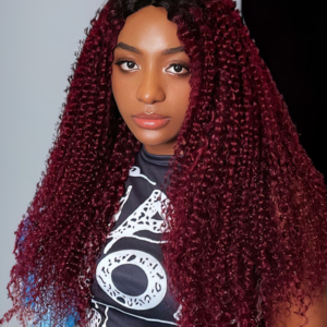 [24"=$119] V Part Magenta Ombre With Dark Roots Curly Wig 150% Density