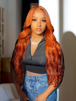 [24"=$129] Lace Part Ginger Color Body Wave Wig 4x0.75 Lace 150% Density Wig
