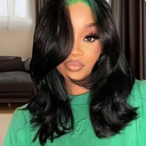 [24"=$149] 13x4 Lace Front Neon Green Roots Black Hair Loose Wave 150% Density Wig