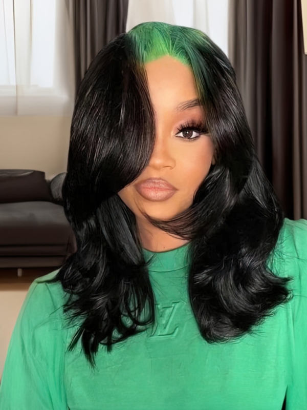 [24"=$149] 13x4 Lace Front Neon Green Roots Black Hair Loose Wave 150% Density Wig
