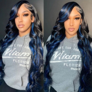 Black Friday Deal 13x4 Lace Front Black With Blue Highlights Skunk Stripe Wig Blue Dream