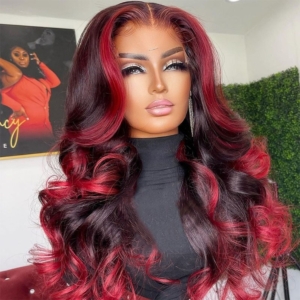 Brand Day Dark Burgundy With Rose Red Highlights 13x4 Lace Front Loose Wave Wig