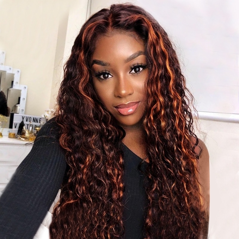 Brown Hair with Ginger Highlights Deep Wave Lace Front Wig