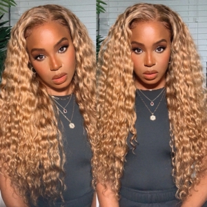Flash Sale 14 Inch Honey Blonde Wig with Brown Roots Deep Wave Lace Front Wig