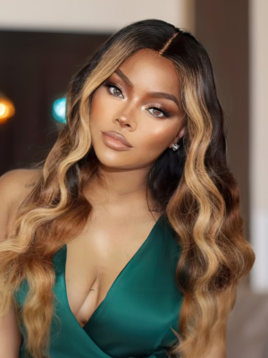 From 22" 180% Density UNice 13x4 Lace Front Black With Golden Blonde Highlights Beyon-Celebrity Style Loose Wave Ombre Wig
