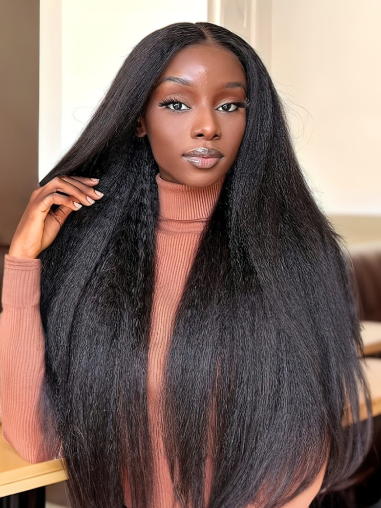 Natural Black 4C Kinky Edges  Lace Front Kinky Straight Wig