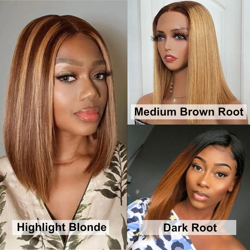 Omber Color Short Cut Bob Wigs Medium Brown Root & Dark Root & Highlight Blonde Shoulder Length Summer Style Wigs 13x5x0.75 Lace Part Wig No Shedding Tangle-free