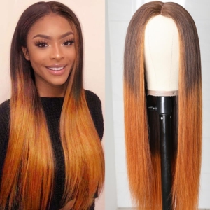 Ombre Color Orange Based Copper To Vibrant Ginger Ombre Virgin Hair Wig Middle Part 150% Density