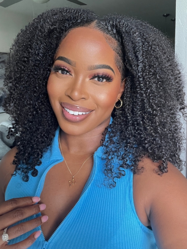 Small Kinky Curly V Part Wig Human Hair No Leave Out