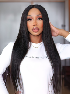 Thinnest HD Invisible Lace Wig Kinky Straight Hair 180% Density 5x5 Lace Closure Wig Bleached Knots