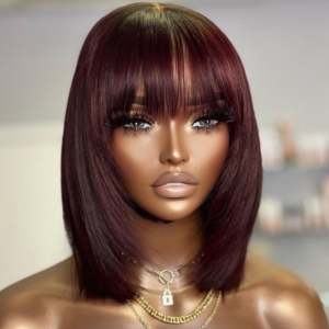 Trending Wolf Cut Burgundy Color 13x4 Lace Front Bob Wig Bangs