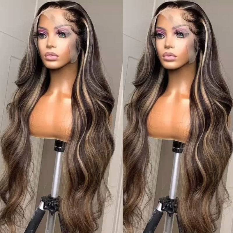 UNice 13x4 Lace Front Chocolate Brown With Peek A Boo Highlight Blonde Lace Front Body Wave Wig Perfect For Summer
