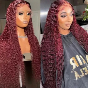 UNice 13x4 Transparent Lace Front Wig 99j Hair Color Burgundy Curly Real Hair