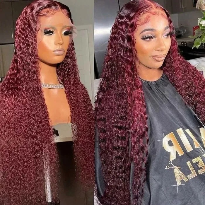 UNice 13x4 Transparent Lace Front Wig 99j Hair Color Burgundy Curly Real Hair
