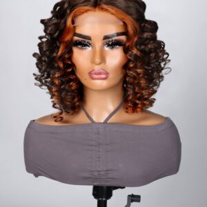 UNice 4x0.75 Lace Front Light Mocha Short Wig With Ringlets Swept Bangs And Ginger Highlights