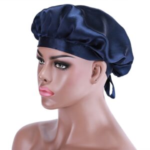 UNice Adjustable Satin Dark Blue Night Cap Sleeping Hat For Making Wigs Nightcap For Women