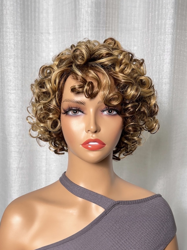 UNice Big Fluffy Brown Mixed Blonde Glueless Bob Curly Wig With Fringe Bangs