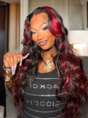 UNice Black with Red & Blonde Highlights 13x4 Lace Front Red And Blonde Loose Wave Wig
