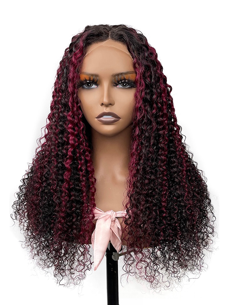 UNice Burgundy Highlighted 13x4 Lace Front Cute Curly Wig