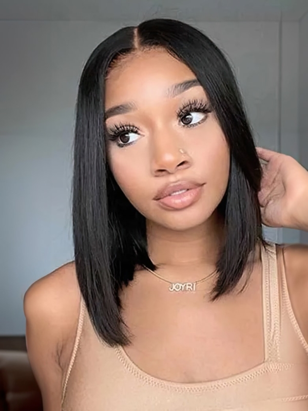 UNice Free Gifts 10" Straight Short Black Bob T Part Lace Wig