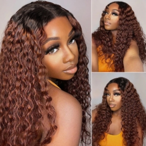 UNice Glueless Ombre Reddish Brown Water Wave 150% Density V Part Wig With Black Roots and Rich Hair Color Tones