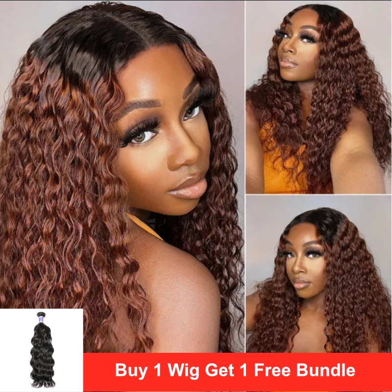 UNice Glueless Ombre Reddish Brown Water Wave V Part Wig With Black Roots Get Free Bundle