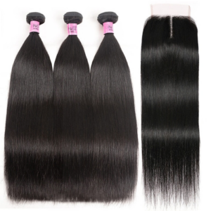 UNice Hair 3 Bundles With Closure Middle Part 100% Virgin Remy Human Hair T Part Lace Closure Natural Black Color