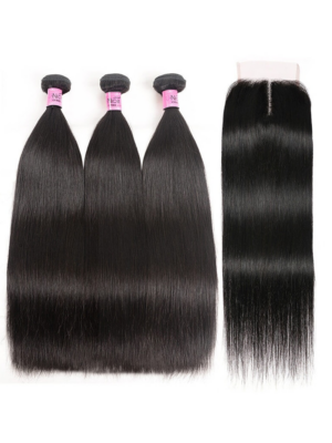 UNice Hair 3 Bundles With Closure Middle Part 100% Virgin Remy Human Hair T Part Lace Closure Natural Black Color