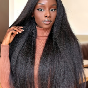 UNice Kinky Straight Glueless Pre Plucked 13x4 Lace Front Wig Virgin Human Hair  Natural Black Color