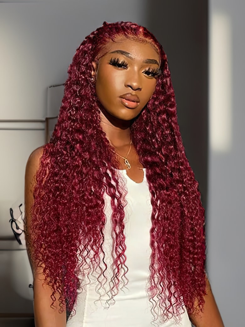 UNice Red Wine Colored 99J Lace Wigs Jerry Curly Wig 4x0.75 / 13x4 Lace