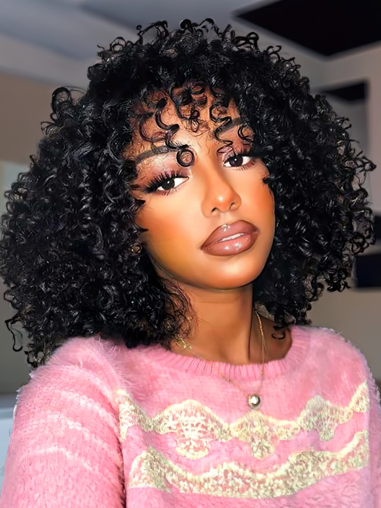 UNice Short Black Afro Curly Wigs with Bangs Human Hair for Women 12 inch