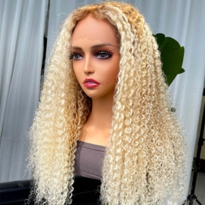 UNice Super Sale Light Blonde With Honey Brown Roots Curly Lace Front Wig 150% Density