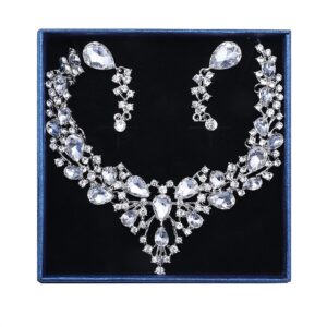 UNice Women's Wedding Bridal Austrian Crystal Teardrop Cluster Statement Necklace Dangle Earrings Jewelry Set