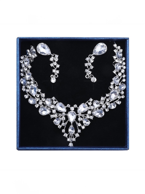 UNice Women's Wedding Bridal Austrian Crystal Teardrop Cluster Statement Necklace Dangle Earrings Jewelry Set