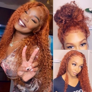 Unice 150% Density Ginger Color Jerry Curly 4x0.75 Lace Part Human Hair Wigs Under $100
