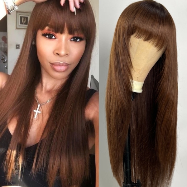 Unice Layer Cut Mocha Medium Brown Glueless Beginner Friendly Straight Wig With Bangs Flash Sale Three